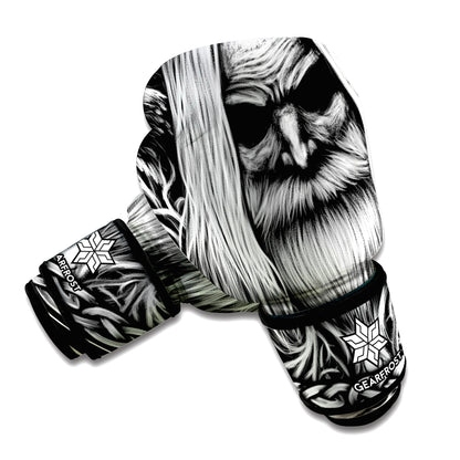 Black And White Odin With Crows Print Boxing Gloves