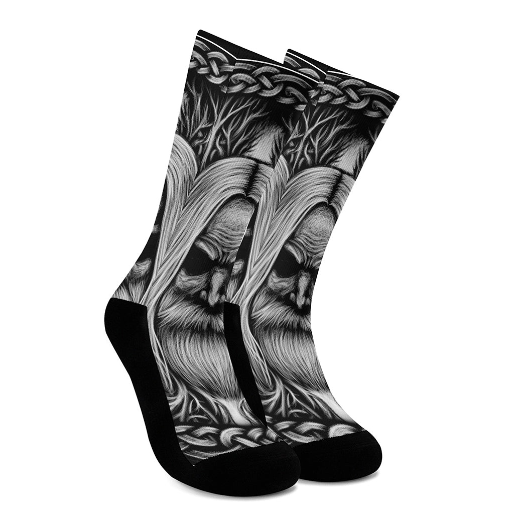 Black And White Odin With Crows Print Crew Socks