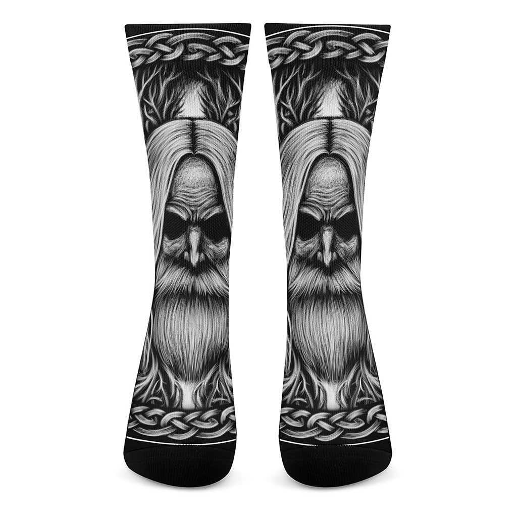 Black And White Odin With Crows Print Crew Socks