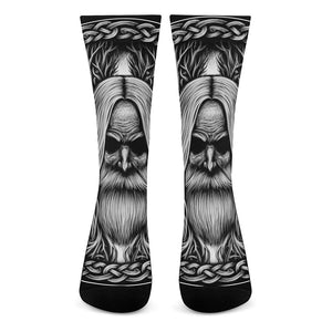 Black And White Odin With Crows Print Crew Socks