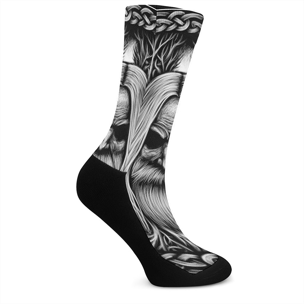 Black And White Odin With Crows Print Crew Socks