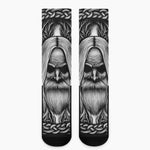 Black And White Odin With Crows Print Crew Socks