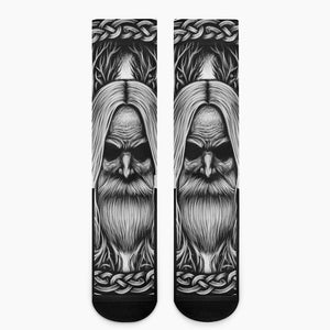 Black And White Odin With Crows Print Crew Socks