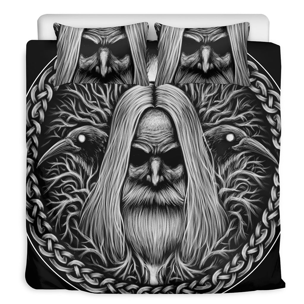 Black And White Odin With Crows Print Duvet Cover Bedding Set