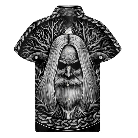 Black And White Odin With Crows Print Men's Short Sleeve Shirt