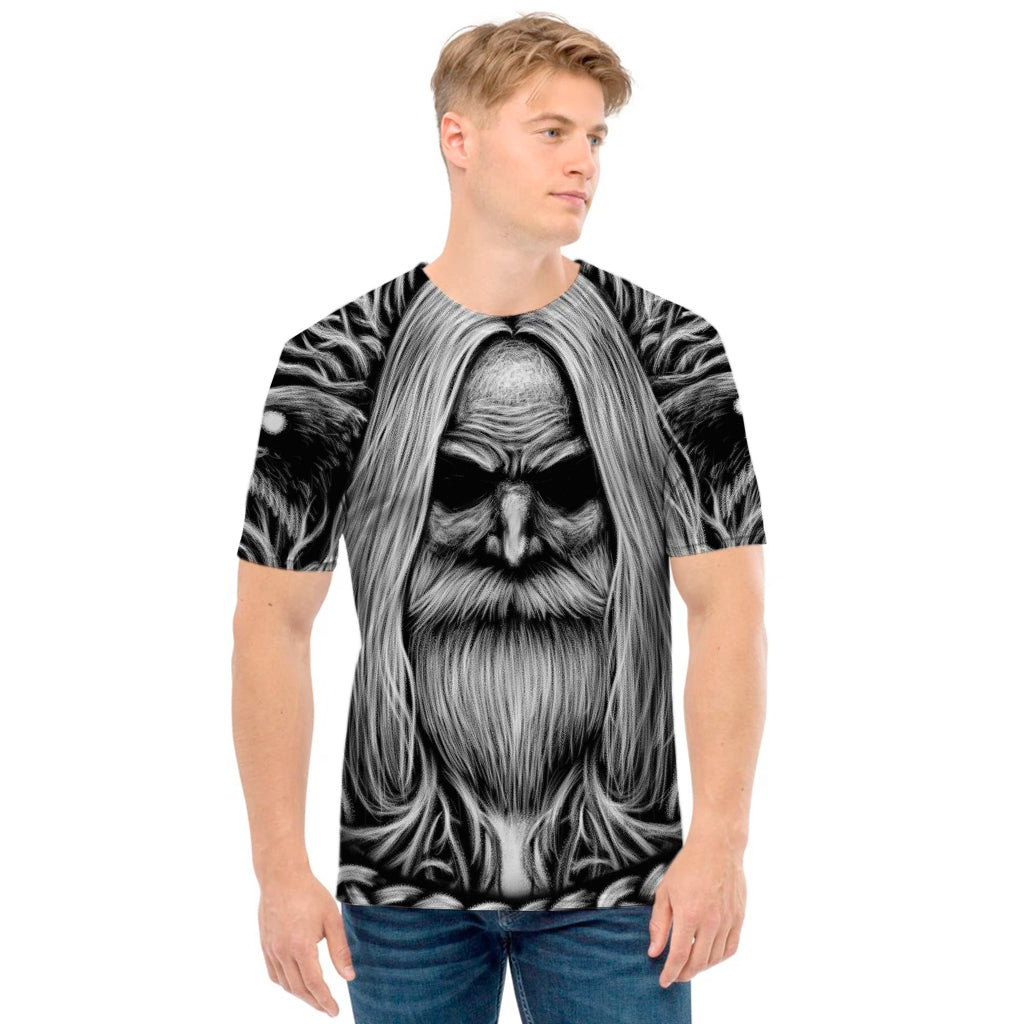 Black And White Odin With Crows Print Men's T-Shirt