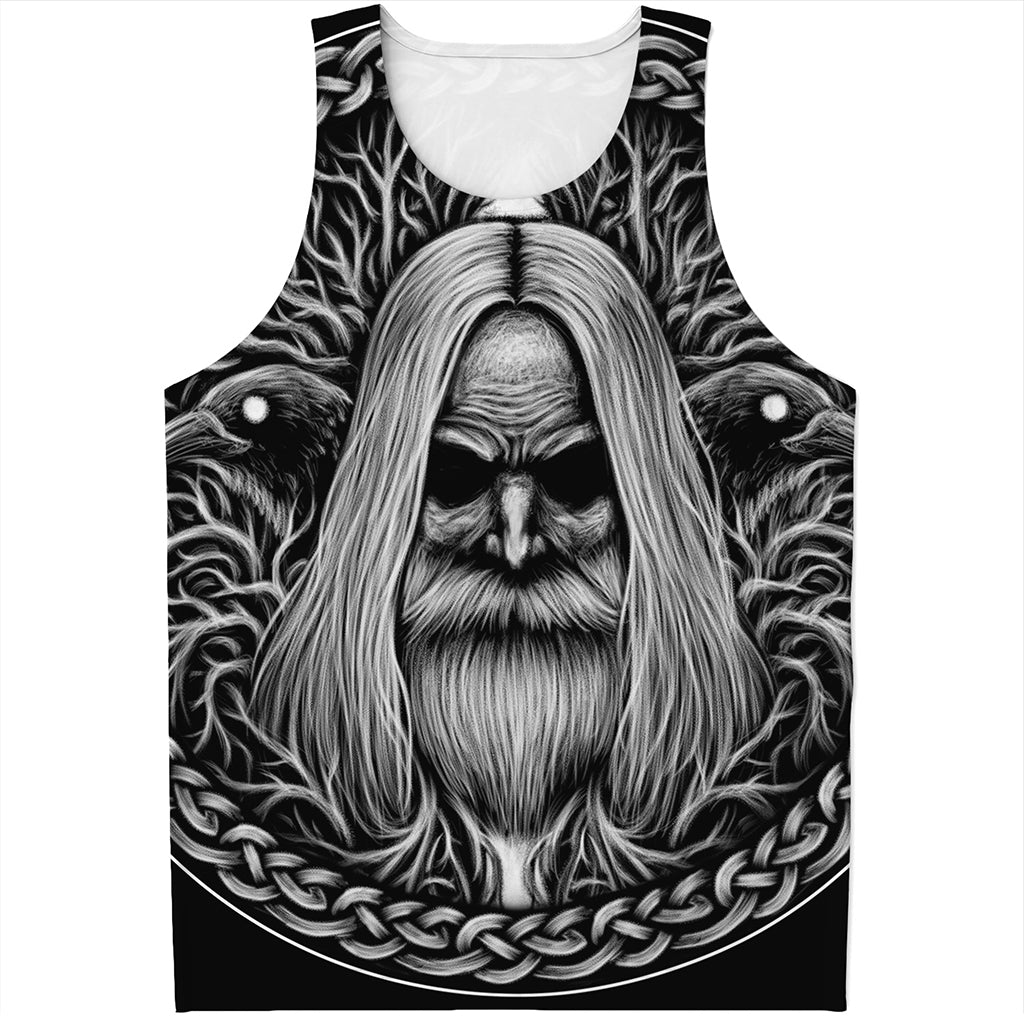 Black And White Odin With Crows Print Men's Tank Top