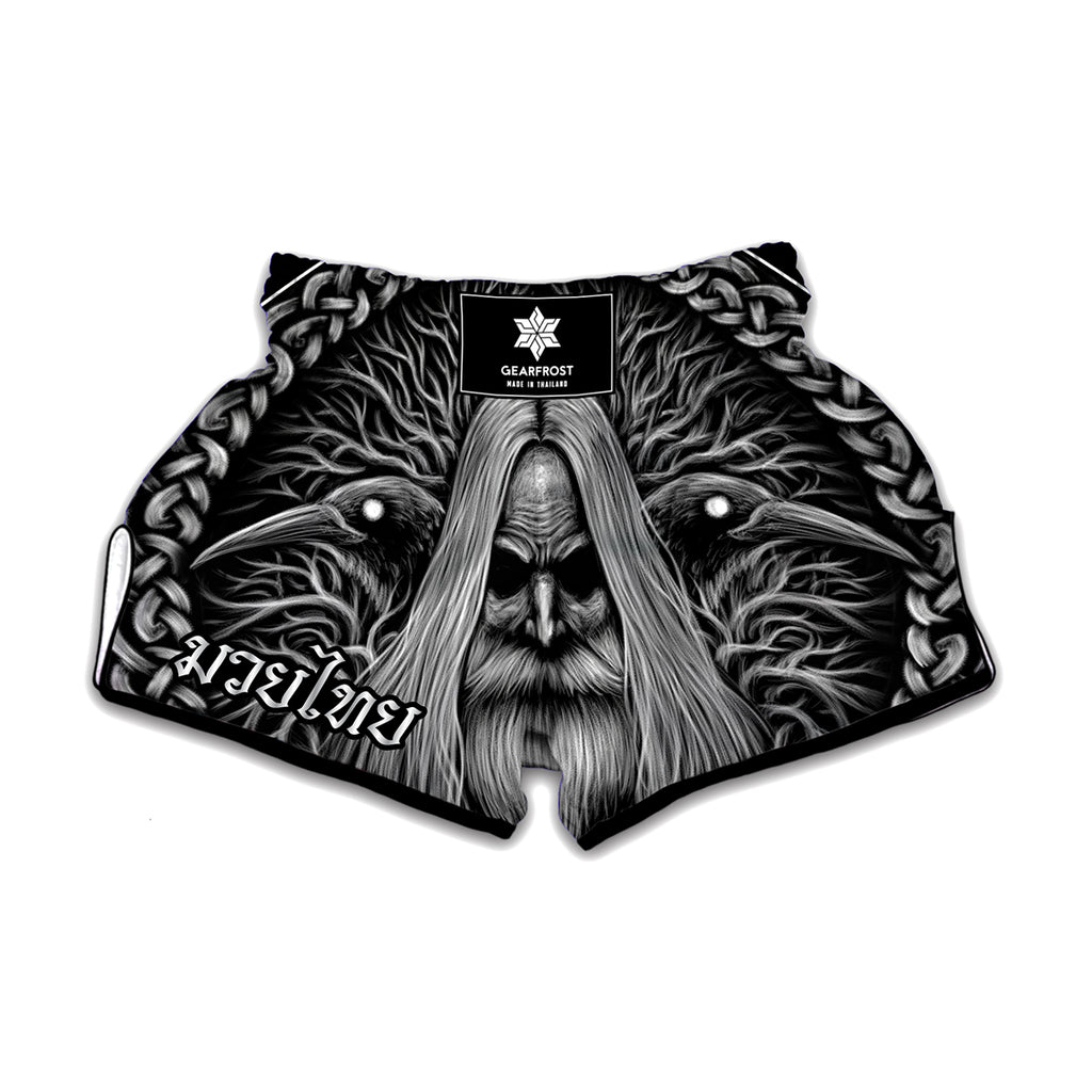 Black And White Odin With Crows Print Muay Thai Boxing Shorts