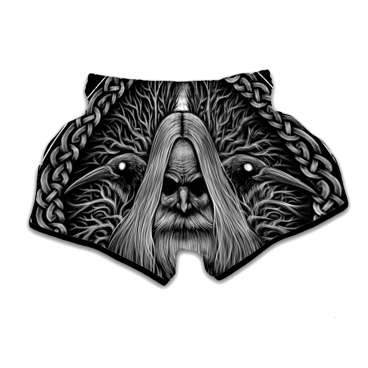 Black And White Odin With Crows Print Muay Thai Boxing Shorts