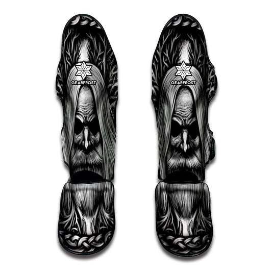 Black And White Odin With Crows Print Muay Thai Shin Guard
