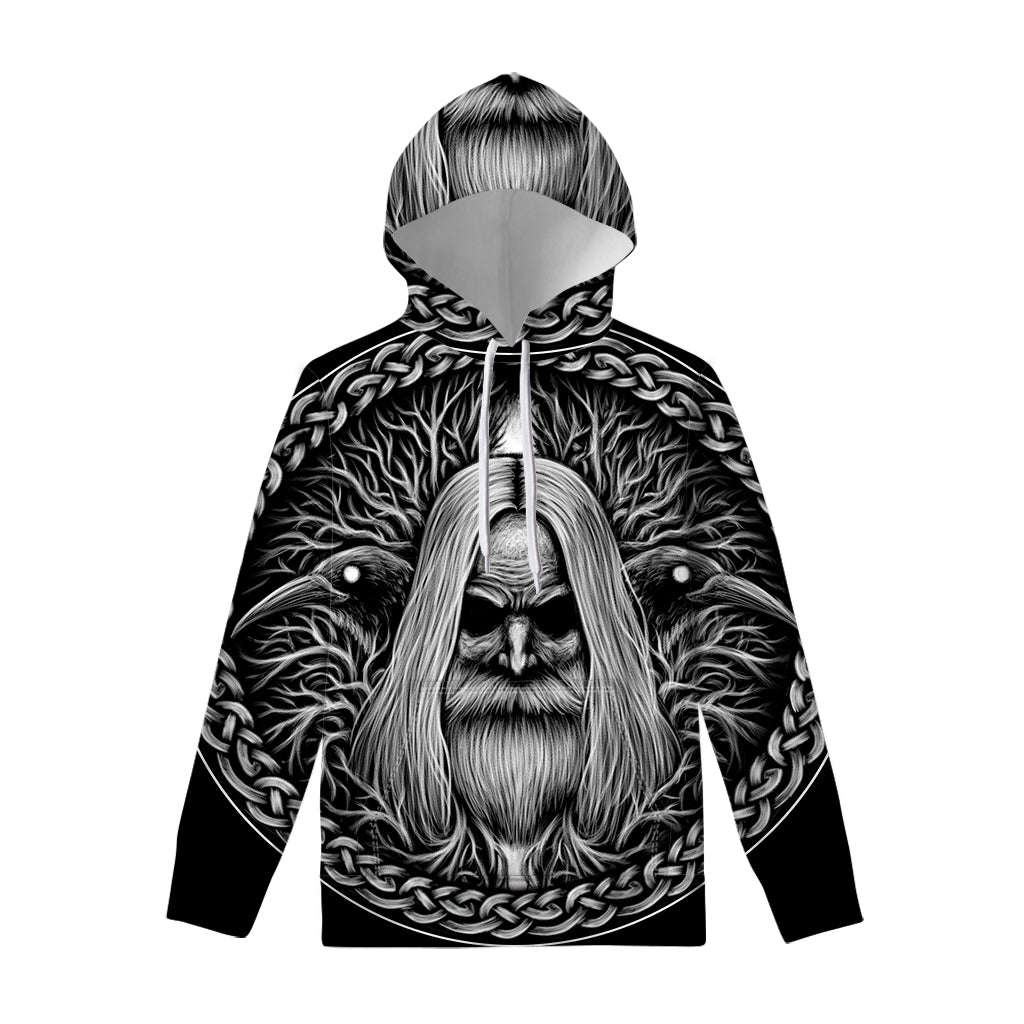 Black And White Odin With Crows Print Pullover Hoodie