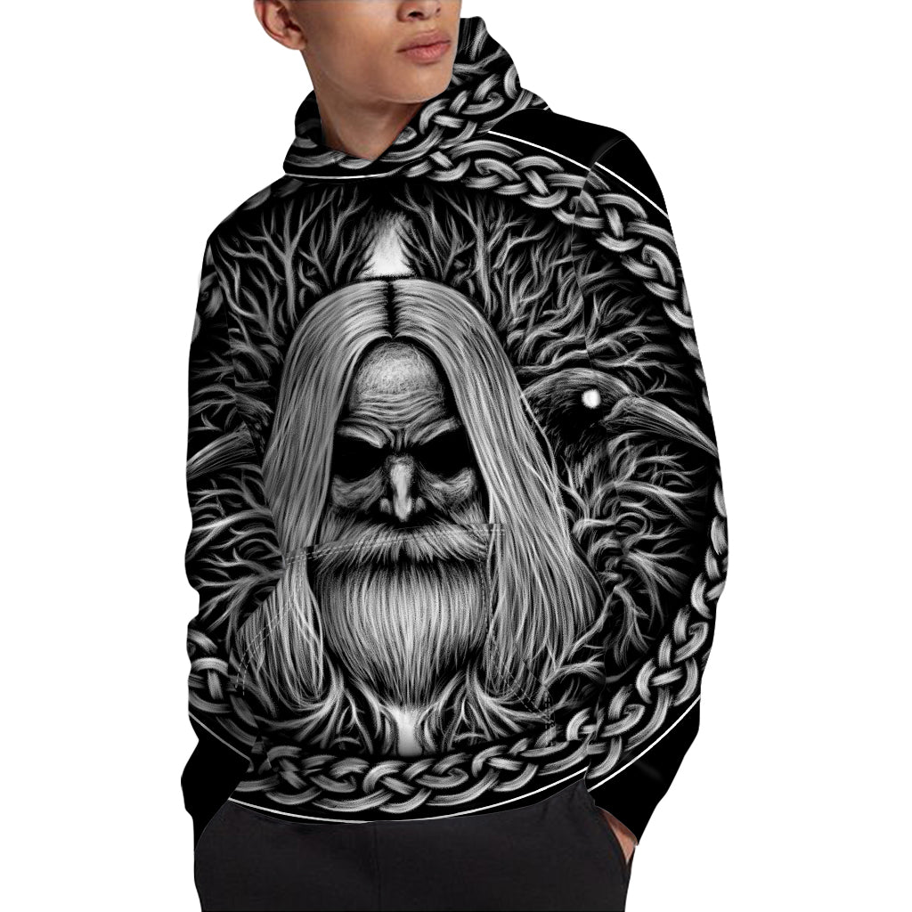 Black And White Odin With Crows Print Pullover Hoodie