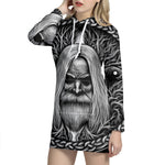 Black And White Odin With Crows Print Pullover Hoodie Dress