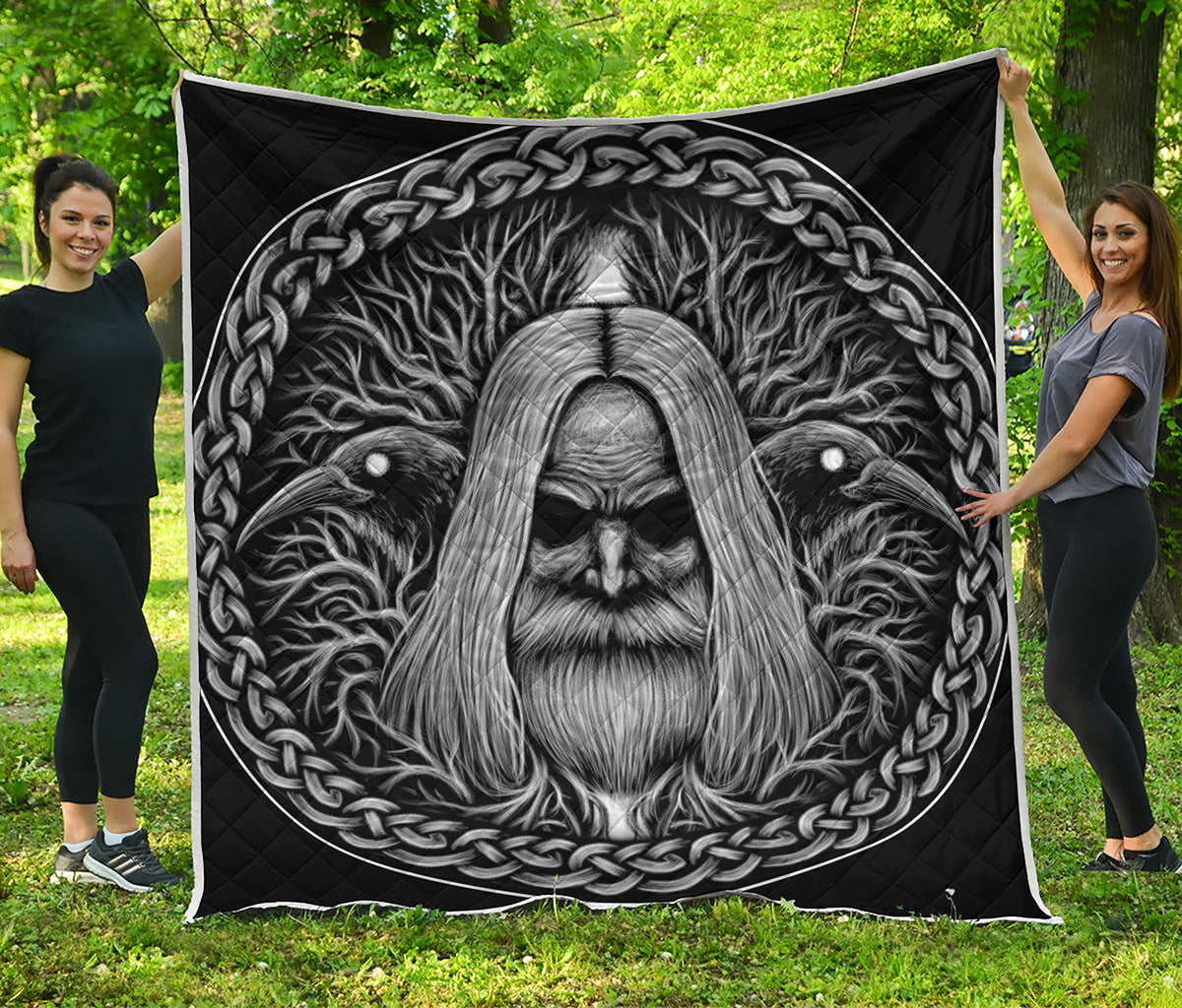 Black And White Odin With Crows Print Quilt