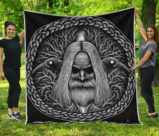 Black And White Odin With Crows Print Quilt
