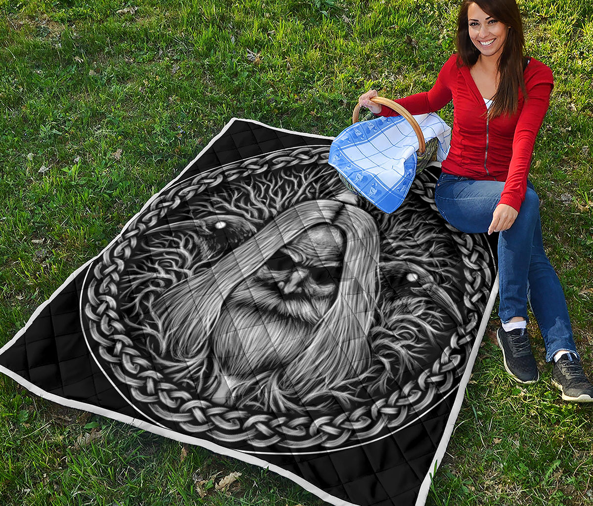 Black And White Odin With Crows Print Quilt