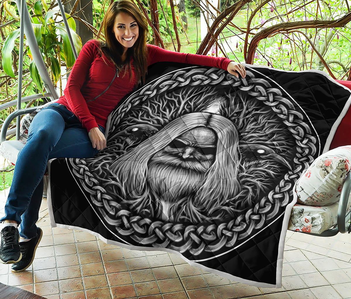 Black And White Odin With Crows Print Quilt