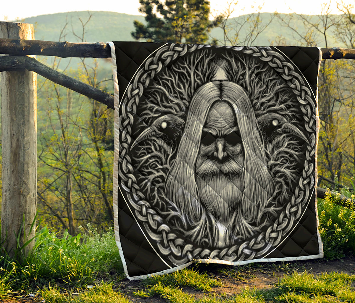 Black And White Odin With Crows Print Quilt