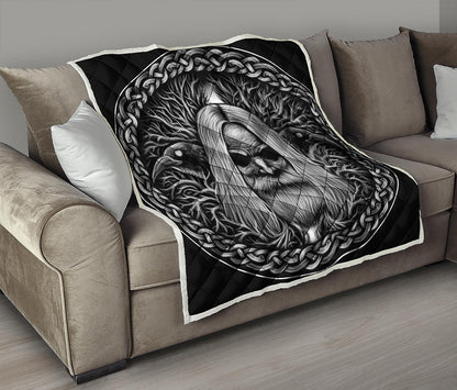 Black And White Odin With Crows Print Quilt