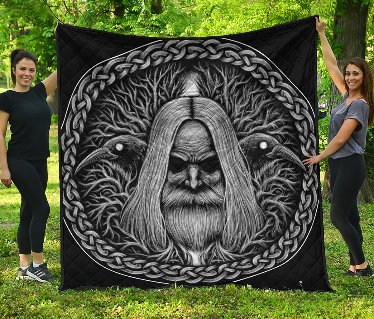 Black And White Odin With Crows Print Quilt