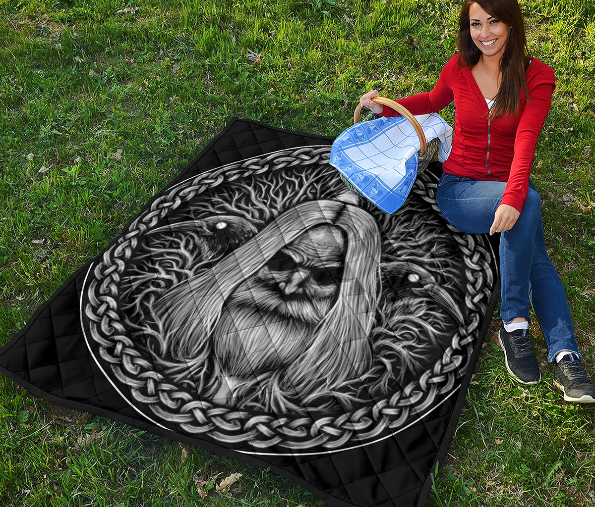 Black And White Odin With Crows Print Quilt