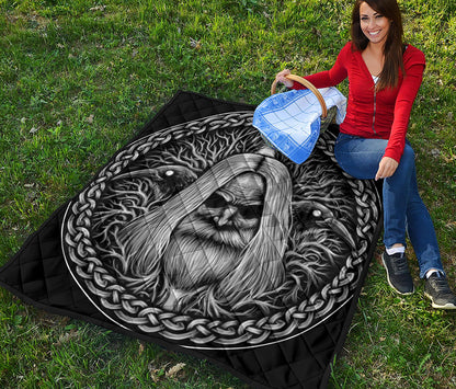 Black And White Odin With Crows Print Quilt