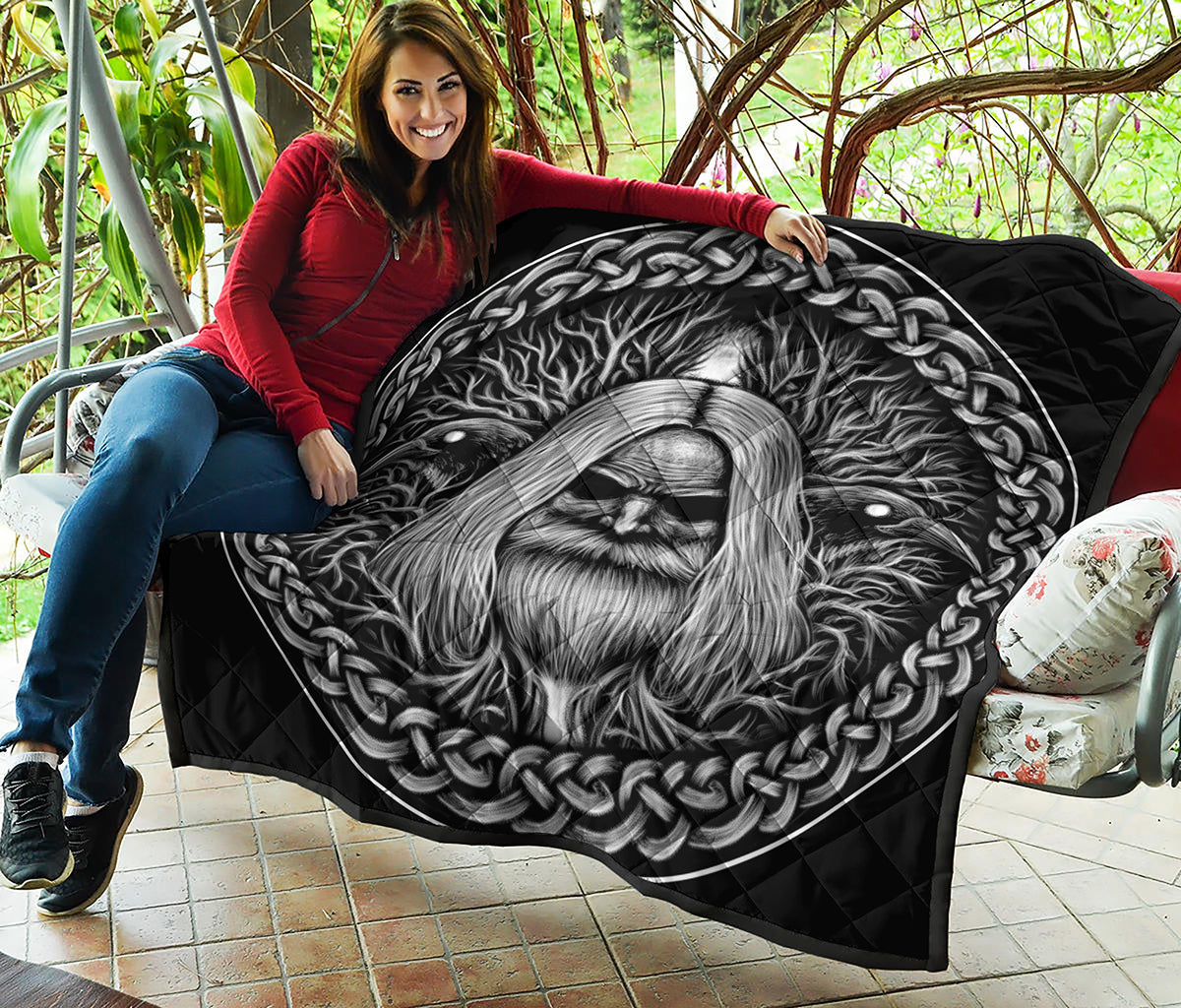 Black And White Odin With Crows Print Quilt