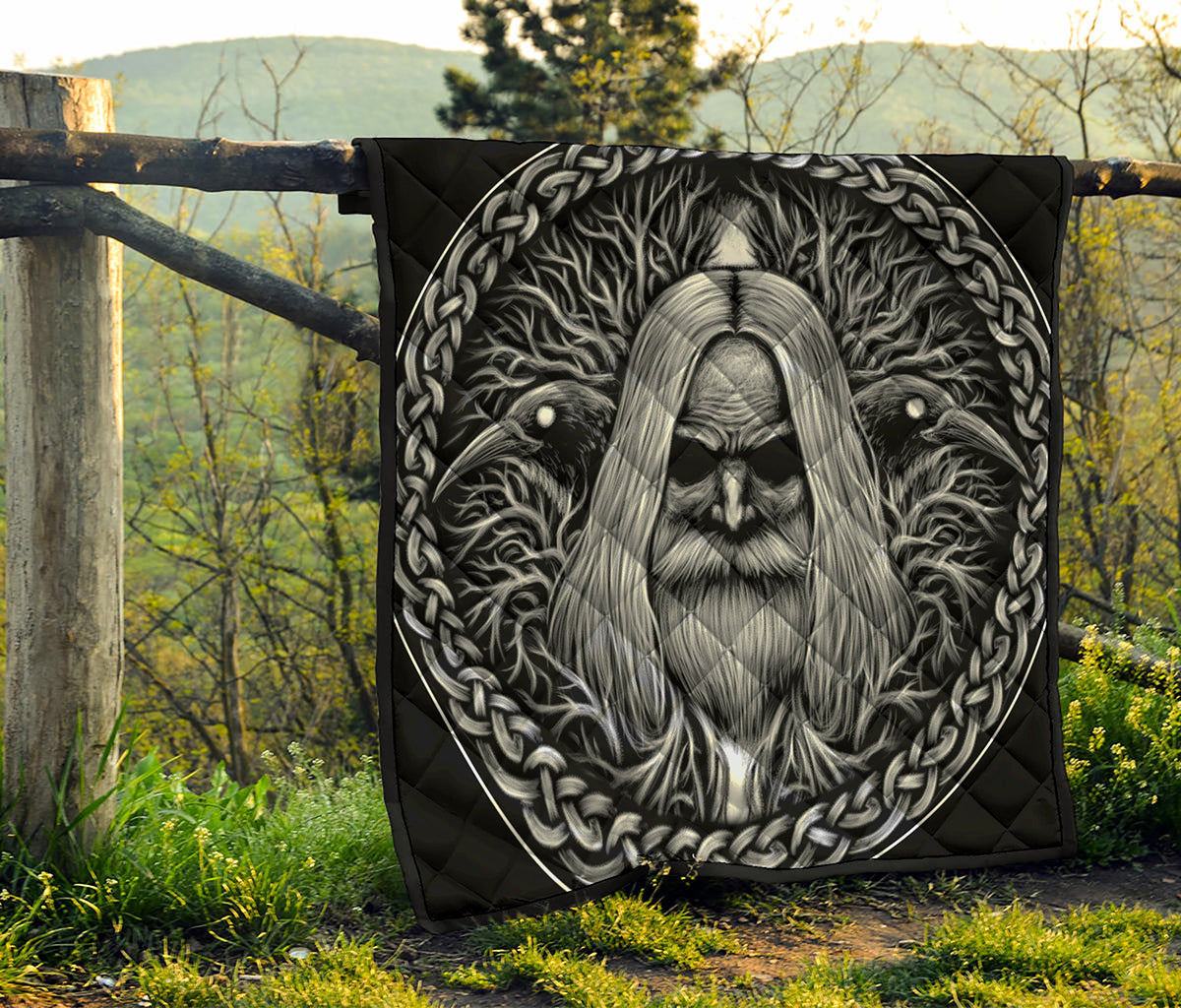 Black And White Odin With Crows Print Quilt
