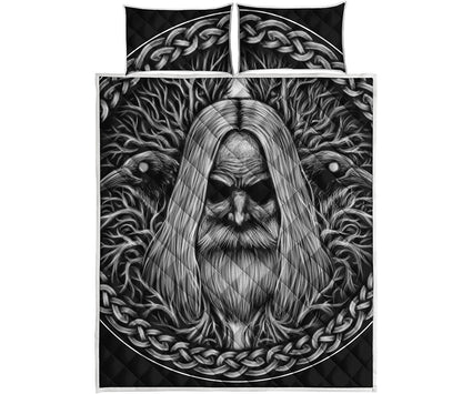 Black And White Odin With Crows Print Quilt Bed Set