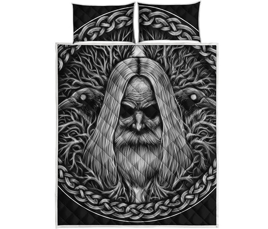 Black And White Odin With Crows Print Quilt Bed Set