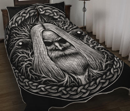 Black And White Odin With Crows Print Quilt Bed Set