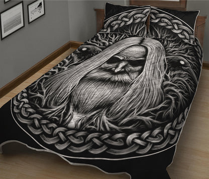 Black And White Odin With Crows Print Quilt Bed Set