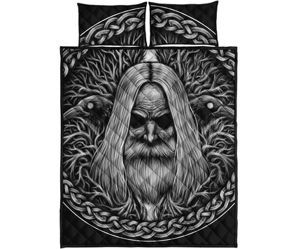 Black And White Odin With Crows Print Quilt Bed Set