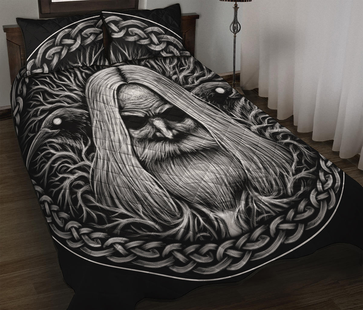 Black And White Odin With Crows Print Quilt Bed Set