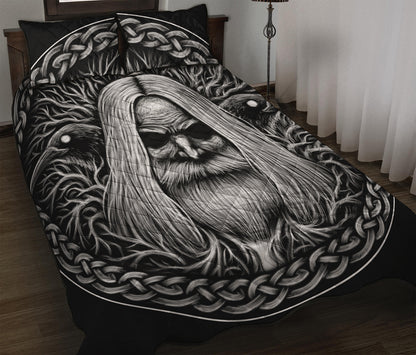 Black And White Odin With Crows Print Quilt Bed Set