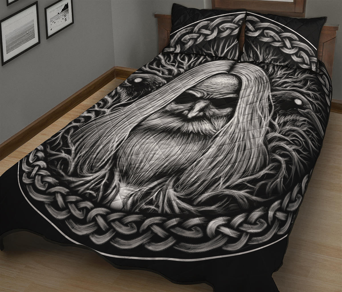 Black And White Odin With Crows Print Quilt Bed Set