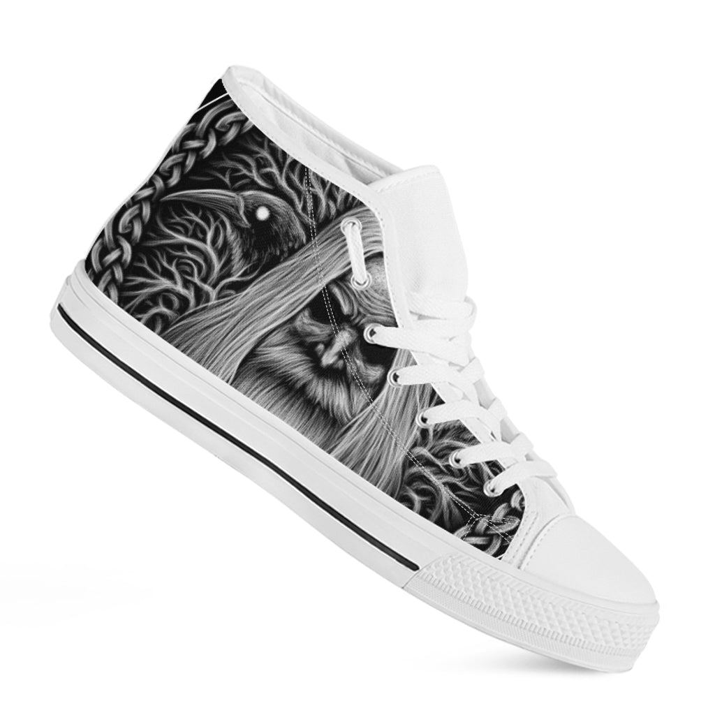 Black And White Odin With Crows Print White High Top Shoes