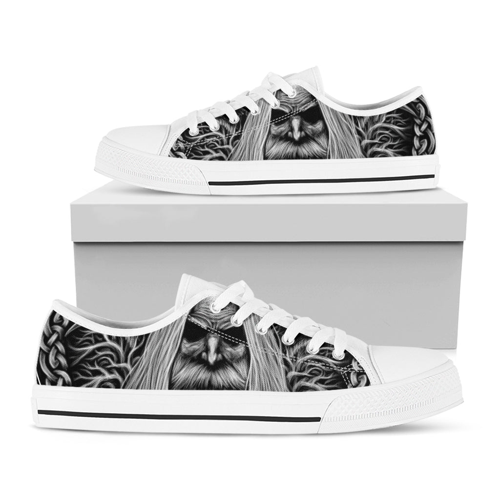 Black And White Odin With Crows Print White Low Top Shoes