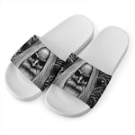 Black And White Odin With Crows Print White Slide Sandals