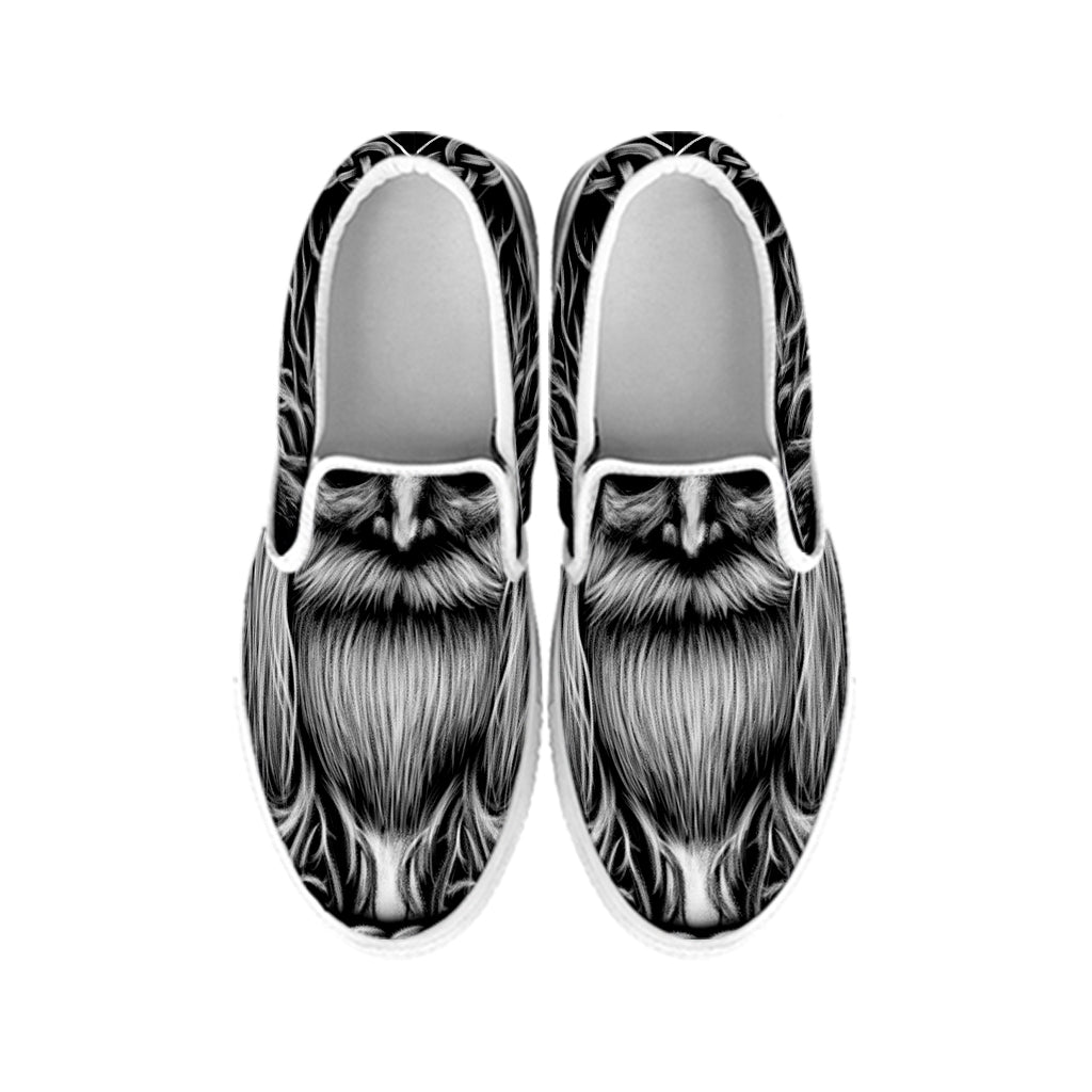Black And White Odin With Crows Print White Slip On Shoes
