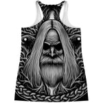 Black And White Odin With Crows Print Women's Racerback Tank Top