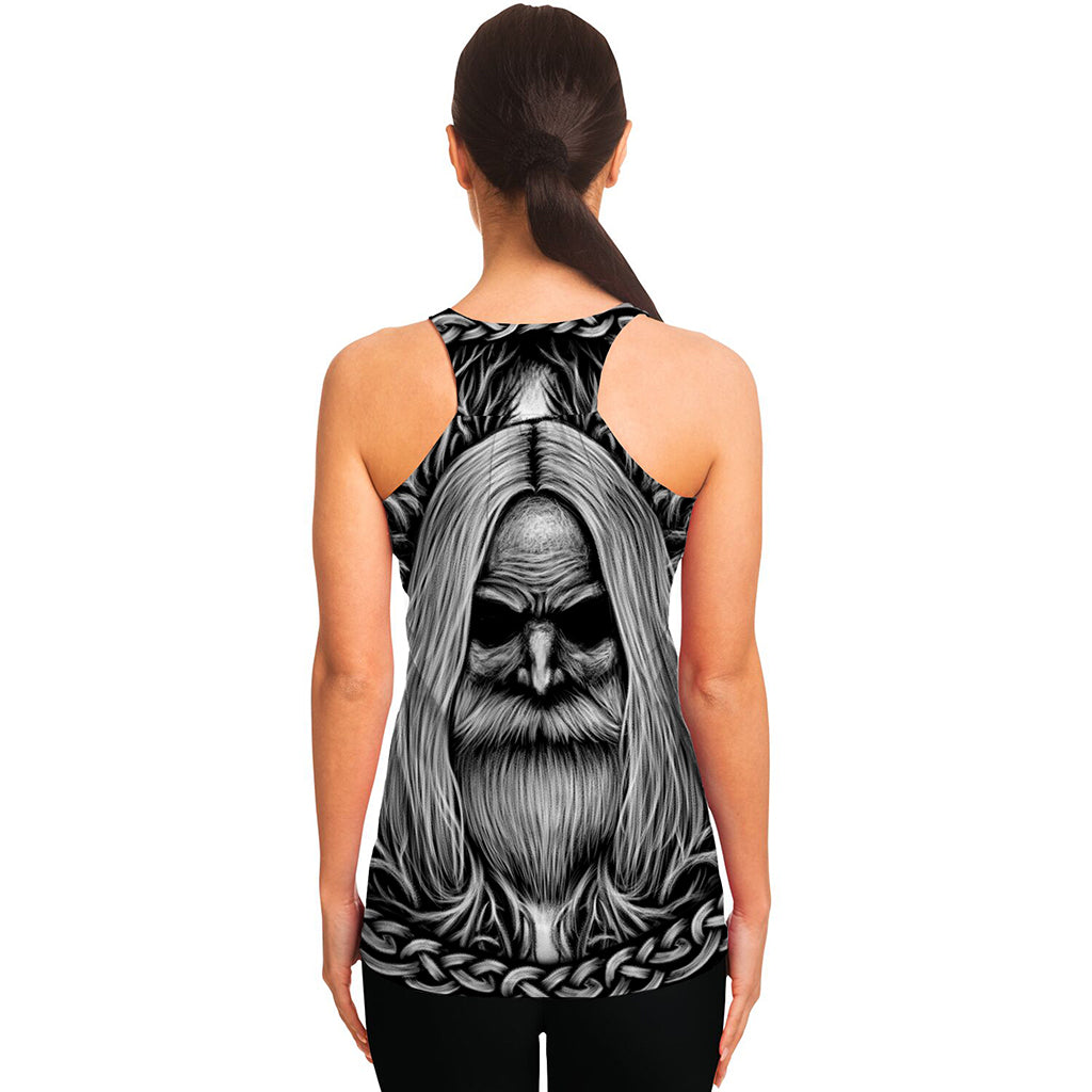 Black And White Odin With Crows Print Women's Racerback Tank Top