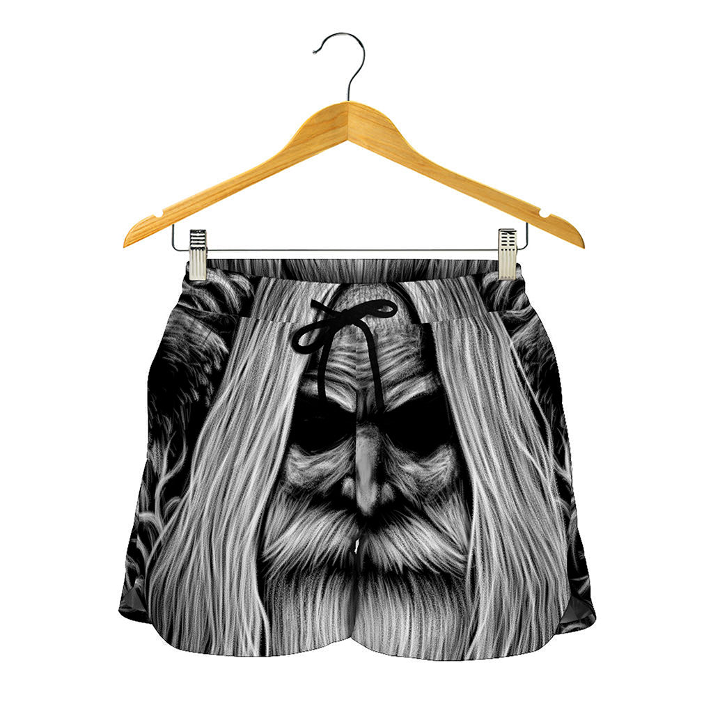 Black And White Odin With Crows Print Women's Shorts