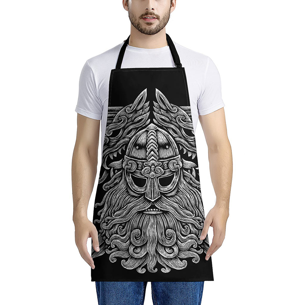 Black And White Odin With Wolfs Print Apron