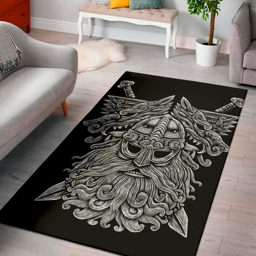 Black And White Odin With Wolfs Print Area Rug
