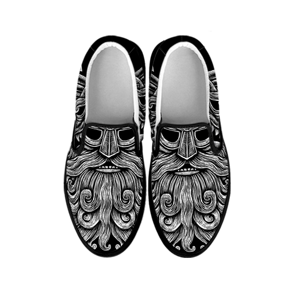 Black And White Odin With Wolfs Print Black Slip On Shoes