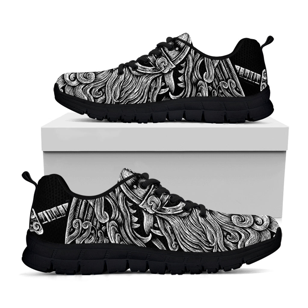 Black And White Odin With Wolfs Print Black Sneakers