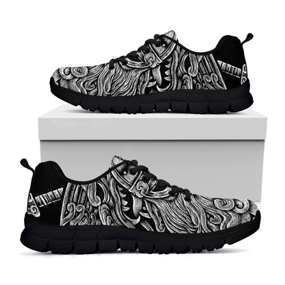 Black And White Odin With Wolfs Print Black Sneakers