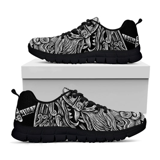 Black And White Odin With Wolfs Print Black Sneakers