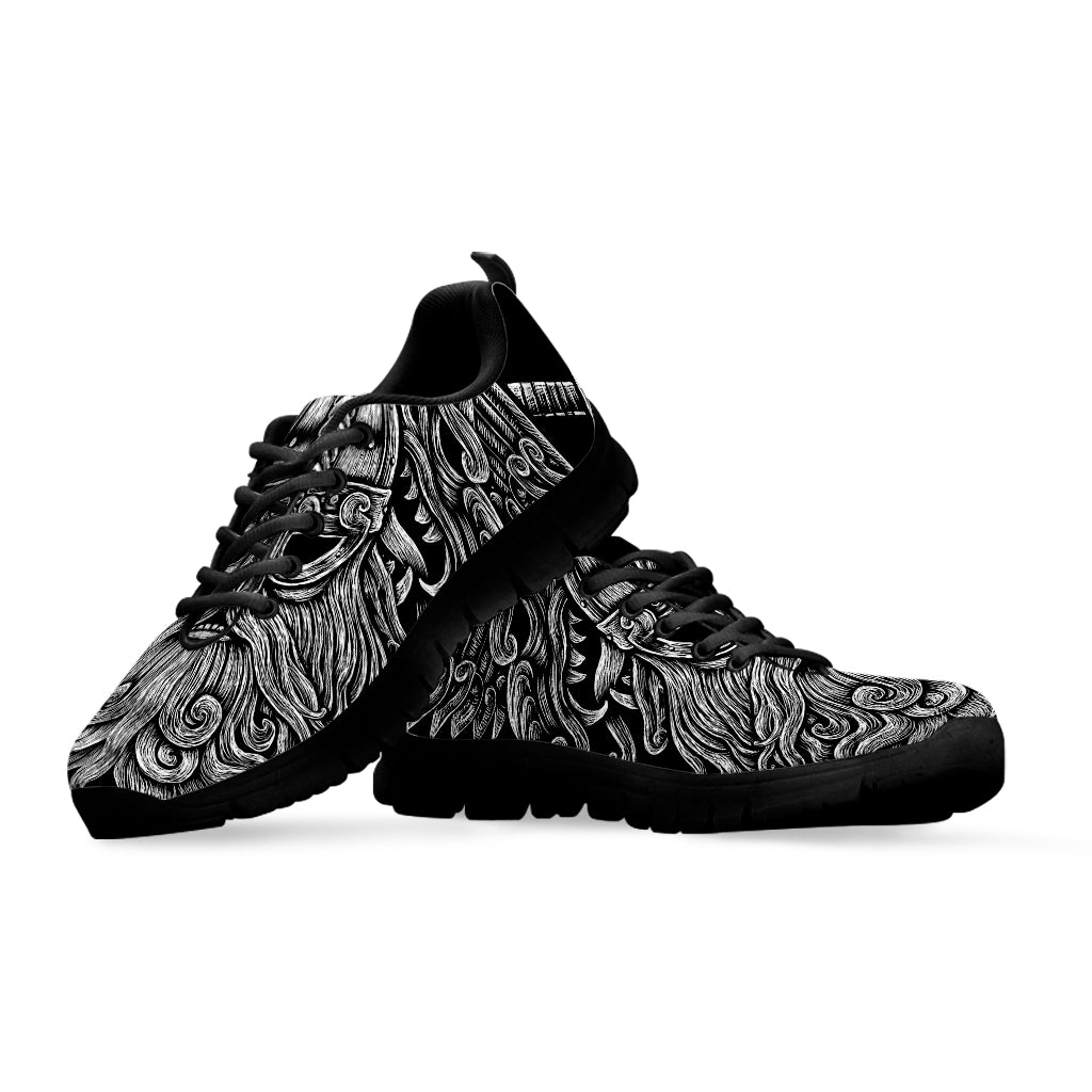 Black And White Odin With Wolfs Print Black Sneakers